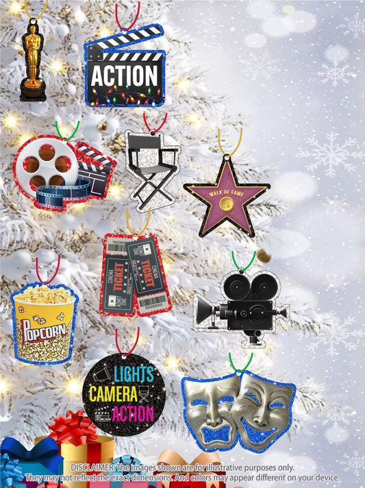 CM03 Lights, Camera, Christmas! Glitter Ornament Set - 10 Piece Set