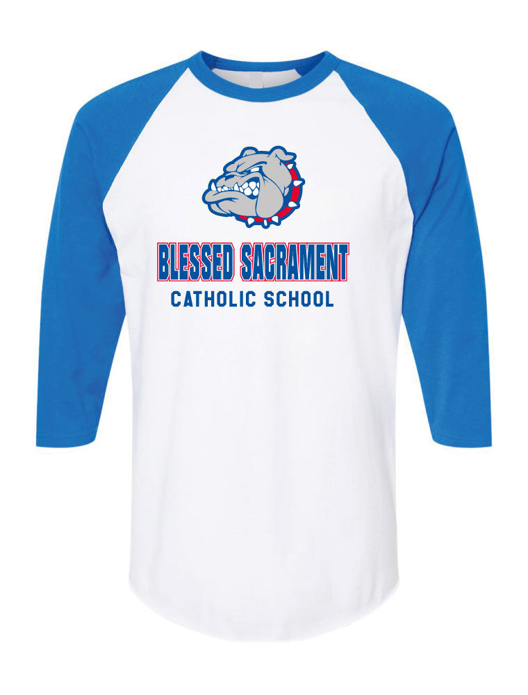 BBS03 BLESSED SACRAMENT WHITE AND ROYAL BLUE RAGLAN JERSEY