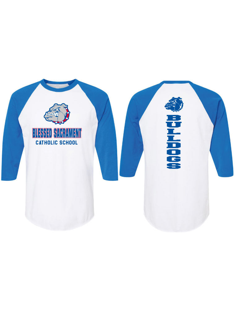 BBS03 BLESSED SACRAMENT WHITE AND ROYAL BLUE RAGLAN JERSEY